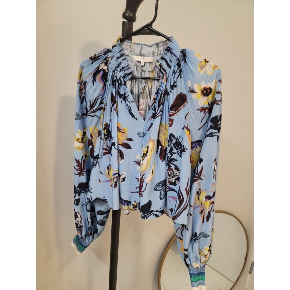 Tibi Light Blue Floral Long-Sleeve Blouse